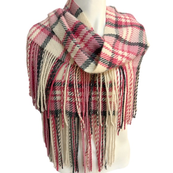 Banana Republic  Pink Tartan Wool-Blend Fringe Scarf – Long 70" Wrap - Picture 1 of 10